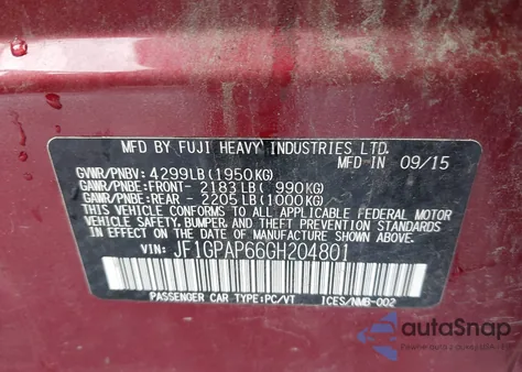 2016 Subaru Impreza 2.0I Sport Premium z USA, uszkodzony, nr VIN JF1GPAP66GH204801